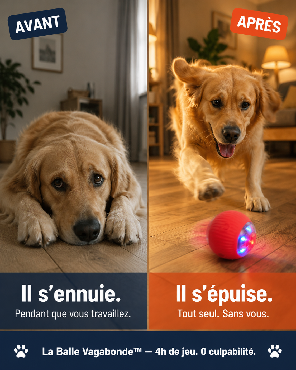 La Balle Vagabonde™ — Votre chien joue. Vous vous reposez. Sans culpabilité.